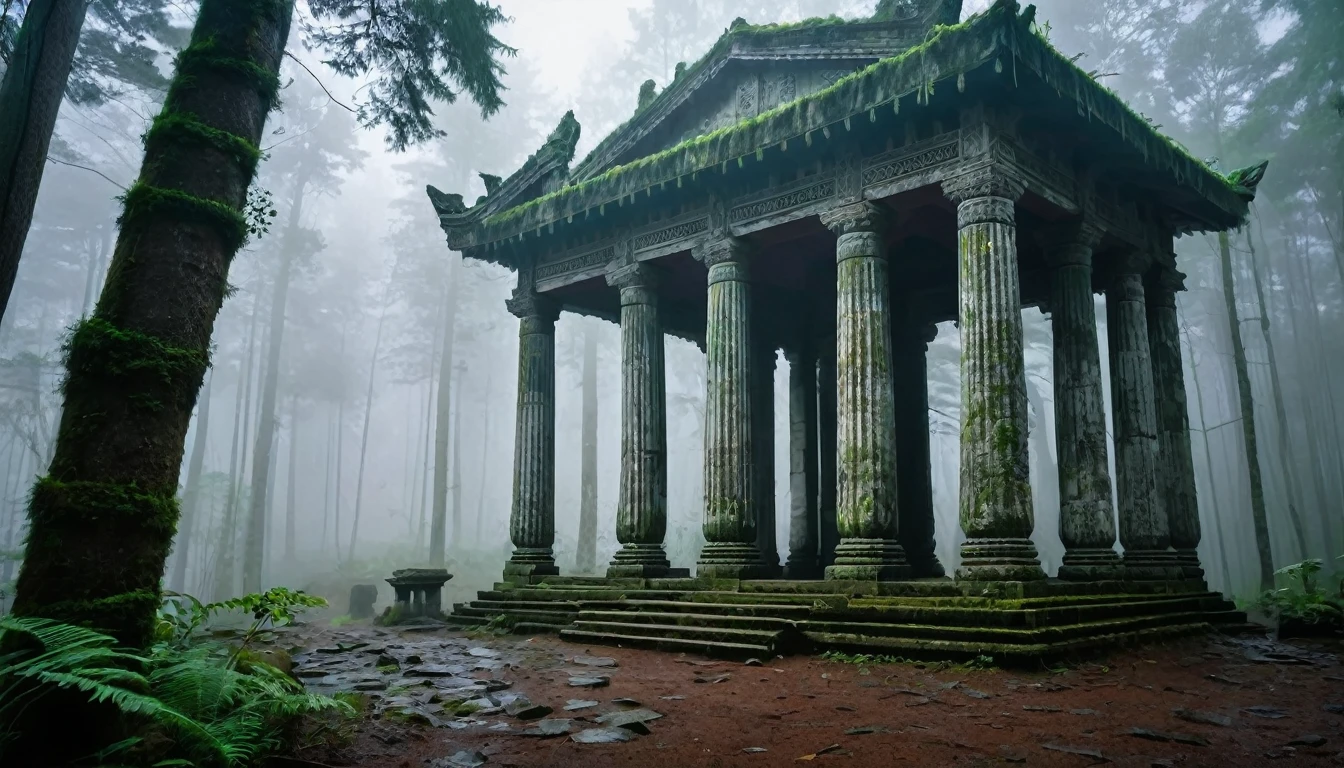 Inside a building in the forest, Stone pillars in the background, White and dirty temple, in the forest, Thick Fog, Fantasy, dim