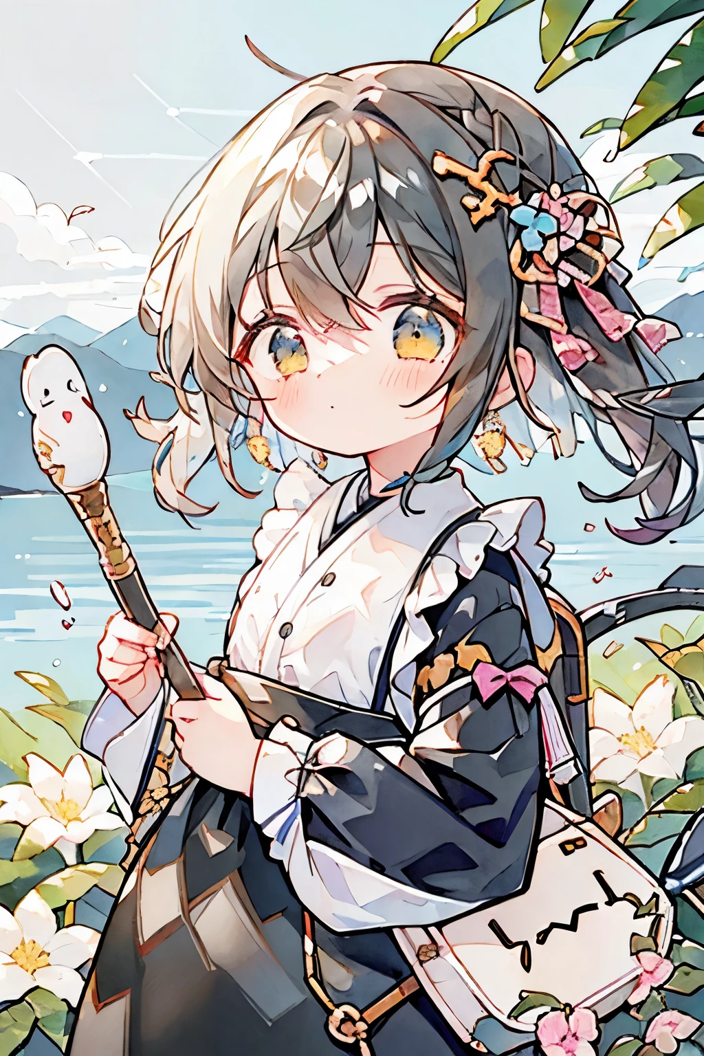 • character:
• 「A cute girl in a little white maid outfit」
• 「Long twin-tail hairstyle」
• 「Bright smile、Shining eyes」
• 「There is a small ribbon on the head」
• 「There's a small white bird on my shoulder」
• 「With an old walking stick in his hand、A cloth bag is tied to the end of it.」
• Pause:
• 「Character standing on the edge of a cliff、I'm trying to take a step」
• 「White flowers blooming at the bottom of the cliff」
• 「Spread your arms out to balance、Gazing ahead」
• background:
• 「In the background is a vast blue sky and mountains in the distance.々I can see」
• 「There's a rainbow」
• 「Beautiful nature surrounds the cliffs」
• Tarot elements:
• 「The maid standing on the edge of the cliff、Symbolizes recklessness and adventurous spirit」
• 「The dog is、Close to her、Showing Loyalty」
• 「The rainbow represents hope and future possibilities」