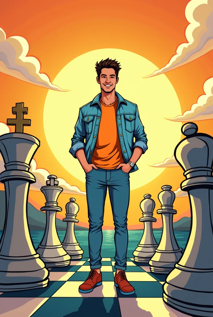 Chess pieces drawn. a comic. The character is young and handsome. Smile Joy Summer King