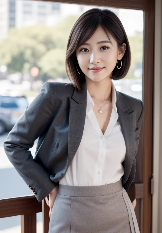 (Highly detailed CG Unity 8K wallpapers, Highest quality, Very detailed, ((Perfect beauty)), Looking at the camera:1.2, The light shines on your face:1.5, Gray background, Professional Lighting), Upper Body, 20-year-old Japanese female paralegal. (Skirt Lift), ((Skirt Lift by myself)),dark, Back to practical style; Oval face and well-defined eyebrows, Intelligent almond-shaped eyes, Straight nose, and a gentle tone. Outfit includes a tailored blazer, Crisp white shirt, discreet pendant necklace, It symbolizes her efficient and focused personality., front, Mid Shot, smile, mini skirt, pantyhose, High heels, Perfect beauty, president'secretary, I can see your pants, ((Open cafe in the business district)), sitting and having coffee、(Skirt Lift), ((Skirt Lift by myself)),
