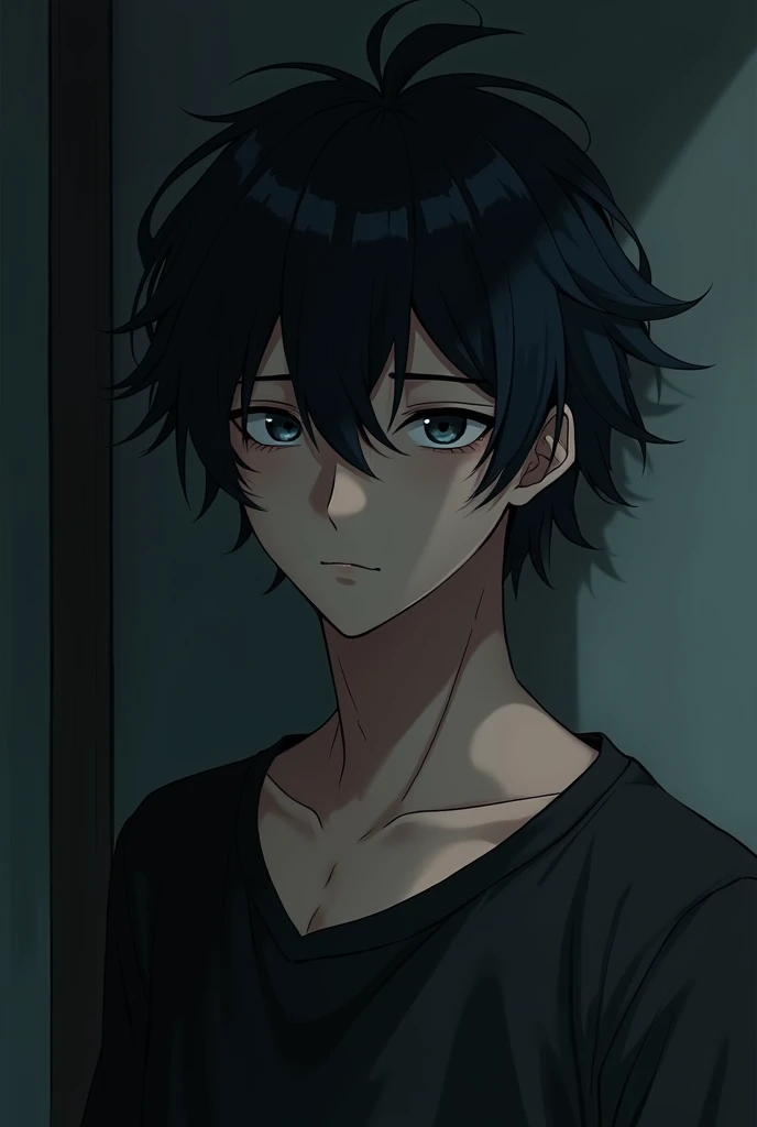 Anime depressed adult boy in dark 