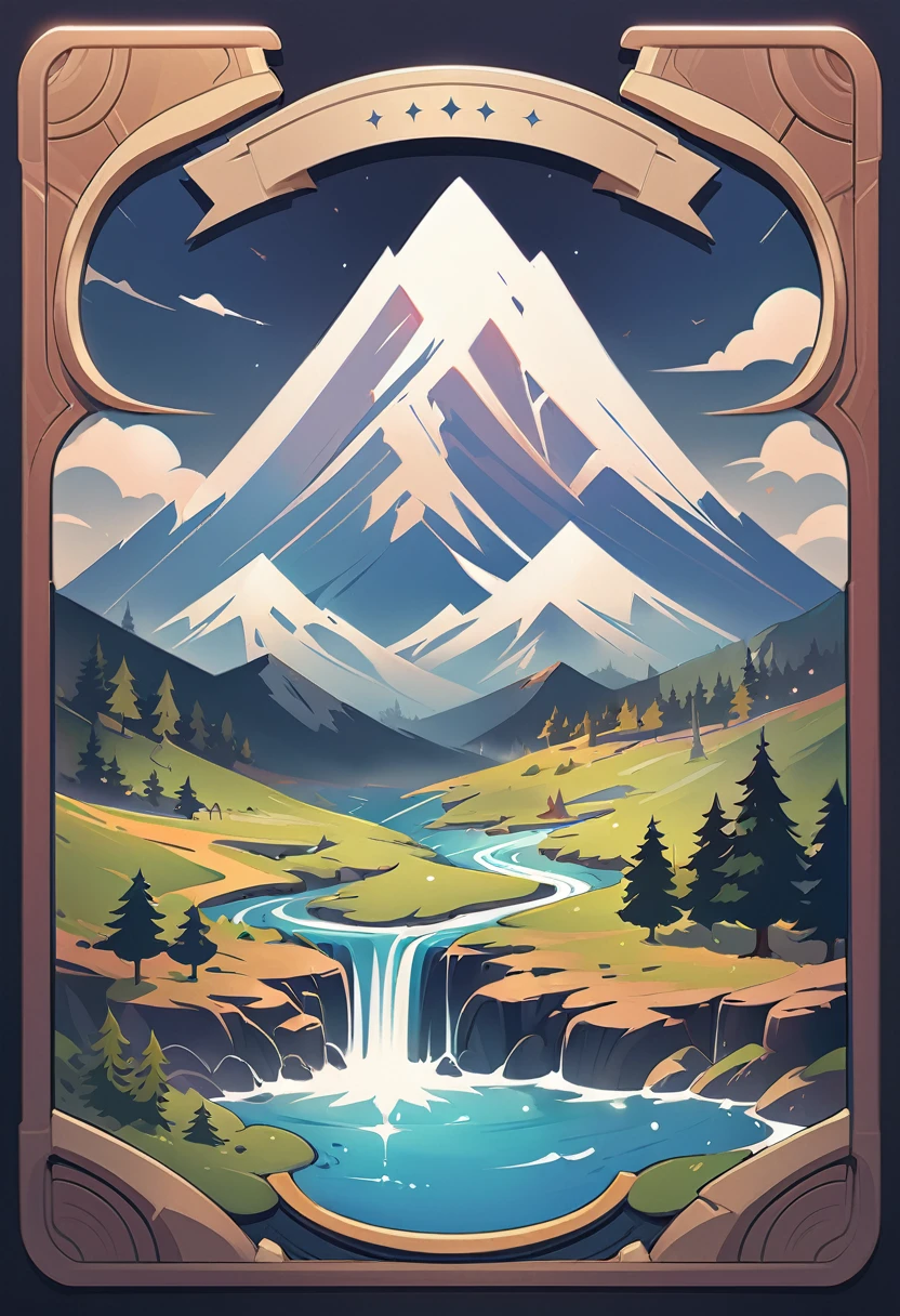 impressive painting of a mountain with trees and water, a detailed painting by Petros Afshar, shutterstock contest winner, environmental art, detailed painting, outlined art, 2d game art, isolated background for logo, strong contours, logo design