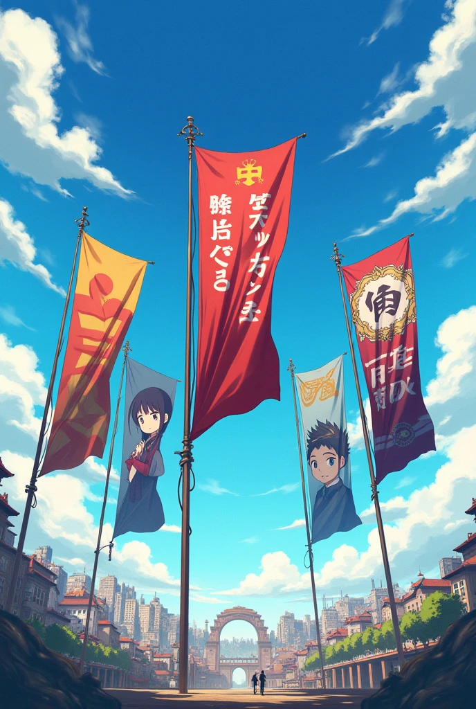 5 banner flags raising anime front