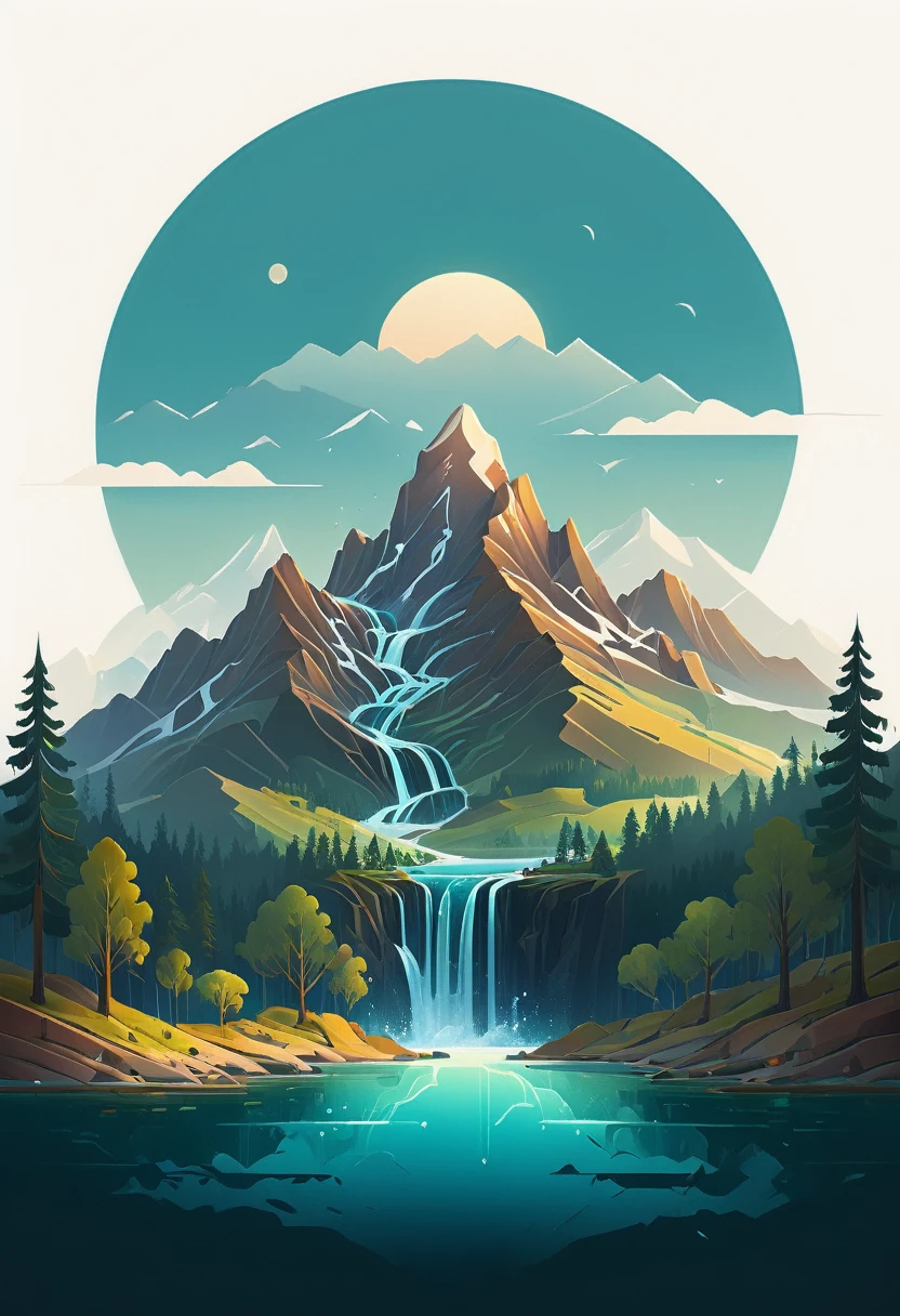 impressive painting of a mountain with trees and water, a detailed painting by Petros Afshar, shutterstock contest winner, environmental art, detailed painting, outlined art, 2d game art, isolated background for logo, strong contours, logo design