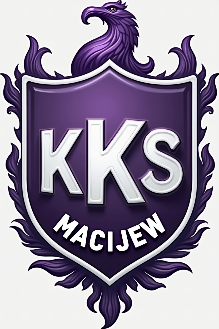 football crest in which the main colors will be purple and the inscription in the middle will be "KKS Maciejew"