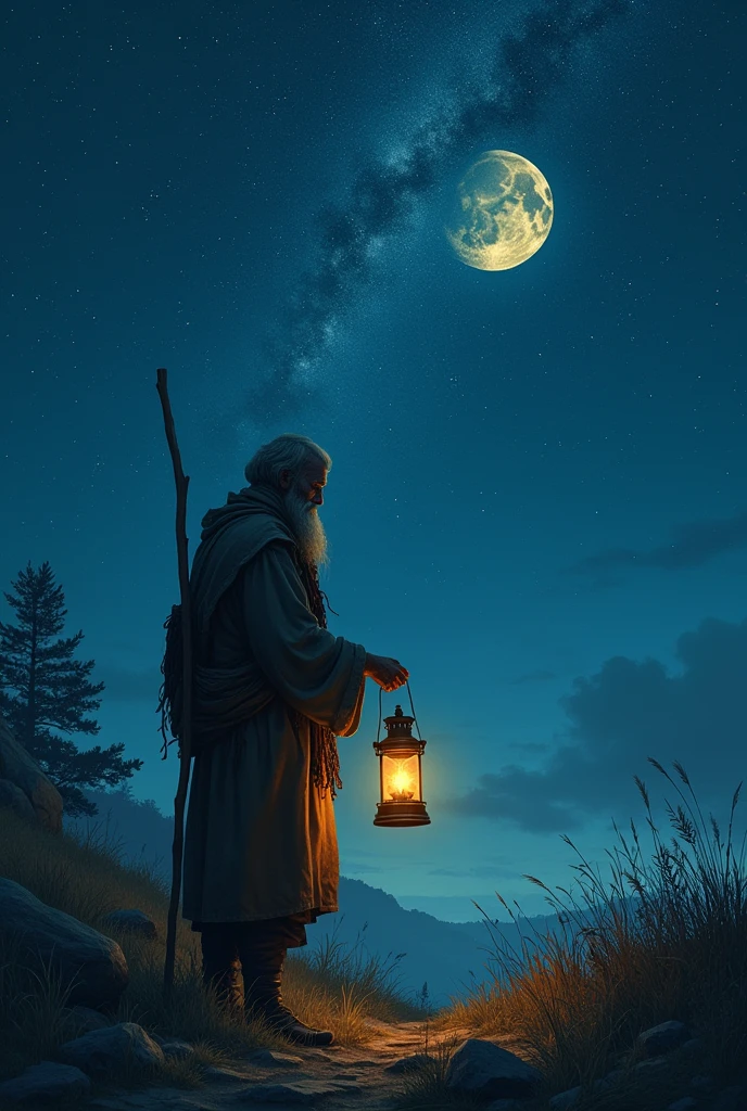 A hermit in the night with a starry sky holding his lantern in one hand and a staff in the other