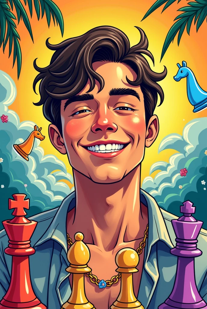 Chess pieces drawn. Comic Stickers. The character is young and handsome. Smile Joy Summer King
