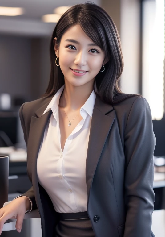 (Highly detailed CG Unity 8K wallpapers, Highest quality, Very detailed, Looking at the camera:1.2, The light shines on your face:1.5, Gray background, Professional Lighting), Upper Body, 20-year-old Japanese female paralegal. Hair length is medium, dark, Back to practical style; Oval face and well-defined eyebrows, Intelligent almond-shaped eyes, Straight nose, and a gentle tone. Outfit includes a tailored blazer, Crisp white shirt, discreet pendant necklace, It symbolizes her efficient and focused personality., front, Mid Shot, smile, mini skirt, pantyhose, High heels, Perfect beauty, office worker, ((Perfect beauty)),