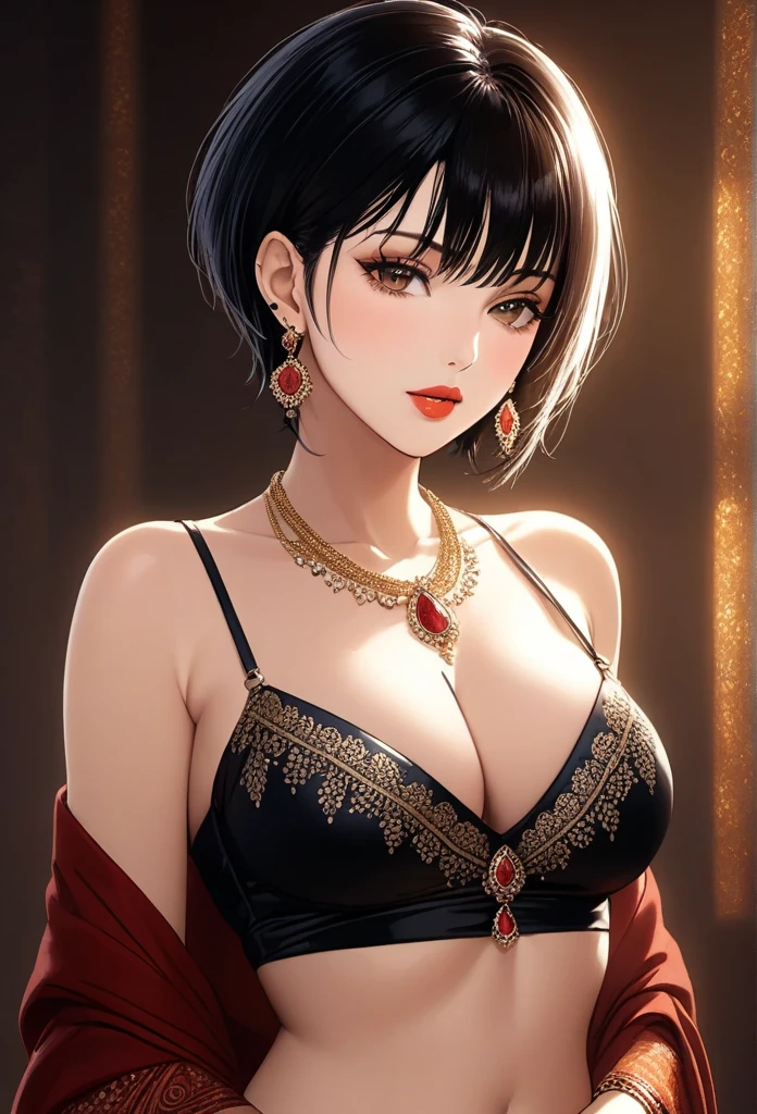 A beautiful mature gothic woman with a short wolf-like haircut, wearing a simple sequin tight saree, long chain earrings, detailed alluring eyes, smooth detailed lips, a beautiful face with a slight smile, red lipstick, bangles, saggy breasts, a navel piercing, a long necklace, and henna-decorated hands. The image is photorealistic, 8K resolution, with hyperdetailed and vibrant colors, studio lighting, masterpiece quality, cinematic composition, dramatic lighting, intricate details, highly realistic skin textures, volumetric lighting, beautiful intricate jewelry, a warm color palette, natural lighting, an elegant pose, a beautiful detailed expression, hyper realistic rendering, seamless blending, flawless skin, glowing skin, delicate features, breathtaking realism, and a striking composition, showing a full body view with cleavage.