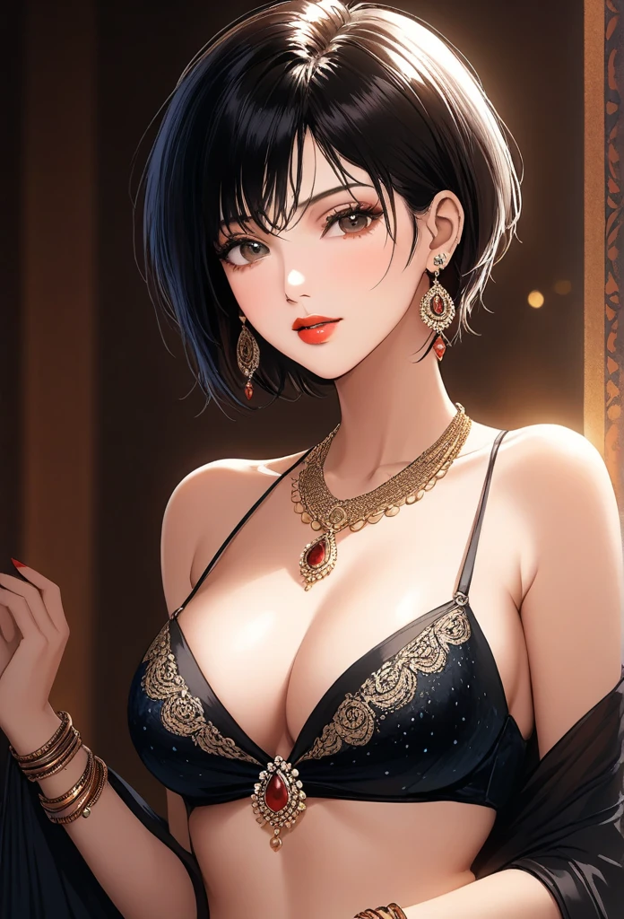 A beautiful mature gothic woman with a short wolf-like haircut, wearing a simple sequin tight saree, long chain earrings, detailed alluring eyes, smooth detailed lips, a beautiful face with a slight smile, red lipstick, bangles, saggy breasts, a navel piercing, a long necklace, and henna-decorated hands. The image is photorealistic, 8K resolution, with hyperdetailed and vibrant colors, studio lighting, masterpiece quality, cinematic composition, dramatic lighting, intricate details, highly realistic skin textures, volumetric lighting, beautiful intricate jewelry, a warm color palette, natural lighting, an elegant pose, a beautiful detailed expression, hyper realistic rendering, seamless blending, flawless skin, glowing skin, delicate features, breathtaking realism, and a striking composition, showing a full body view with cleavage.