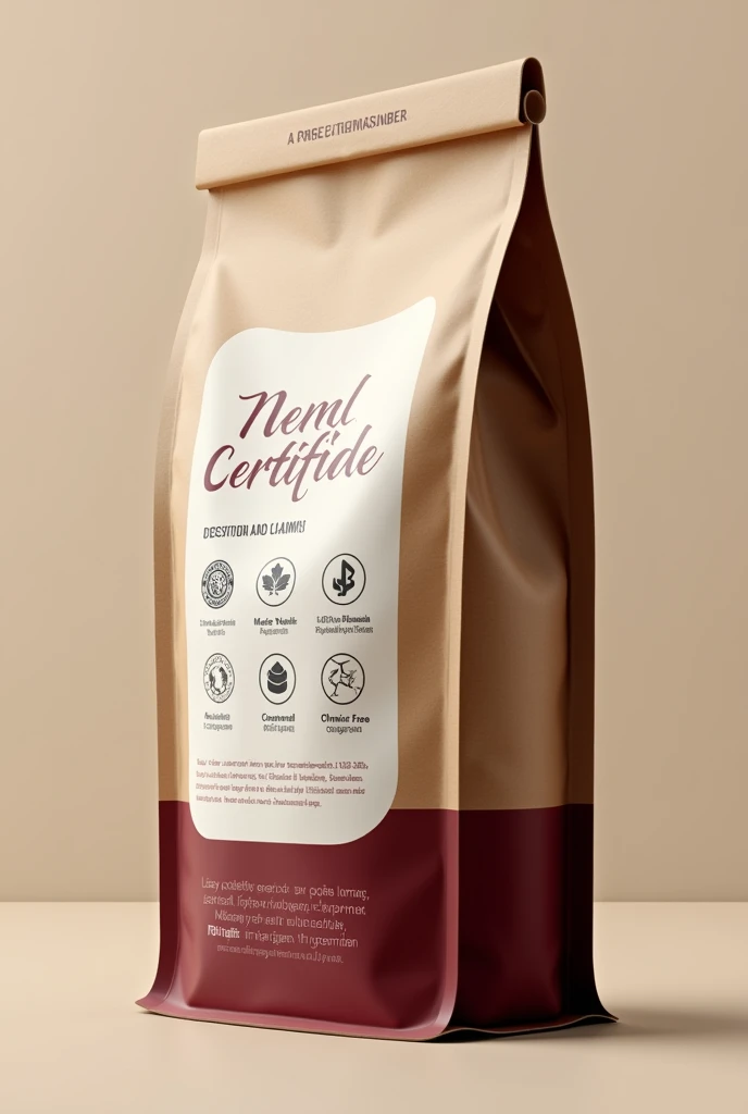 For the side of the packaging, maintain the same color contrast with maroon at the bottom and brown paper color at the top. On it, include symbols for "Certified," "Made in Pakistan," "100% Natural," and "Chemical Free.". Ensure the design elements are clear and cohesive with the front and back of the pouch. 