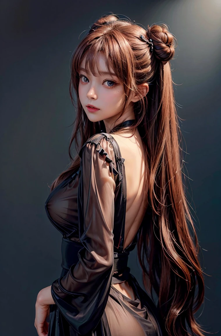 masterpiece, 1 beautiful girl, Delicate eyes, Purebred face_v1, Top quality, Ultra high resolution, (Reality: 1.4), Japanese, Korean, very beautiful, Beautiful skin, slim,Very sexy, (超Reality), (high resolution), (8K), (Very detailed), Delicate face, Bright Lights, Professional lighting, Looking at the audience, Face straight ahead, Black bare back see-through antique style dress,big nipples, reddish brown hair, long hair, long hair與辮子, Bangs,Double bun,hair accessories。