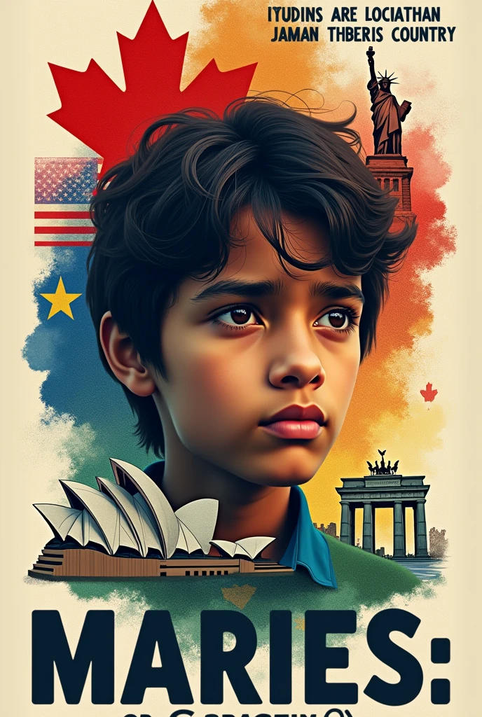 A striking and eye-catching thumbnail featuring a young real Indian narrator with a gentle, sad expression, captivating viewers instantly.Surrounding the central image, a collage of flags and iconic landmarks from Canada, Australia, the USA, and Germany represent the countries where Indian youth are relocating. Elements like the Canadian maple leaf, Sydney Opera House, Statue of Liberty, and Brandenburg Gate encircle the narrator, signifying various aspects of life and opportunities in these nations. The text overlay reads "Indian youths are leaving their country" in bold, clear font at the top or bottom, with "Madness or Good decision" written in large text below, both ensuring correct spelling. Vibrant and contrasting colors are used throughout the design to create a visually appealing and attractive thumbnail for your content