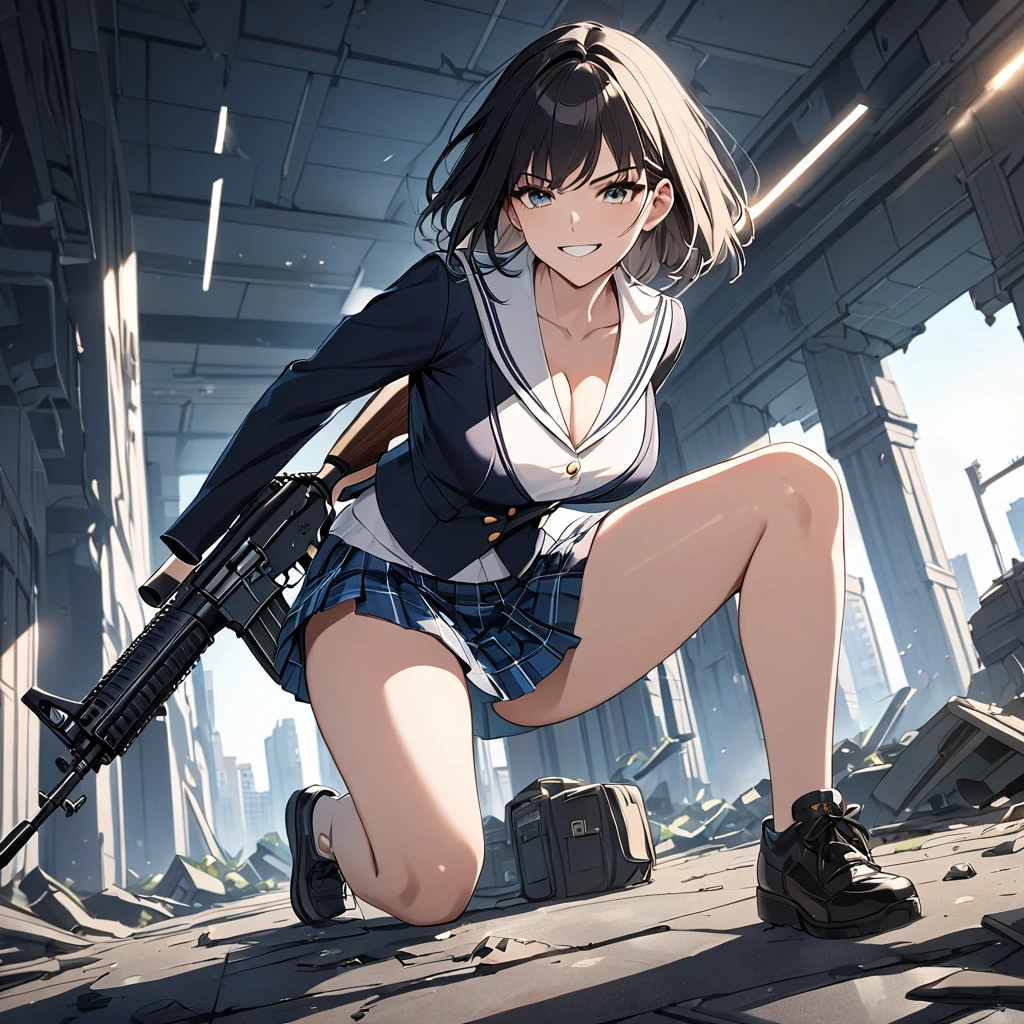 masterpiece, High quality, Cinematic lighting, Front camera angle, Ruined metropolis, High school girl standing on the ground holding an assault rifle (M16), Beautiful girl, Invincible grin, Stylish, Short hair , cleavage, short sailor suit, tartan miniskirt, dynamic pose,