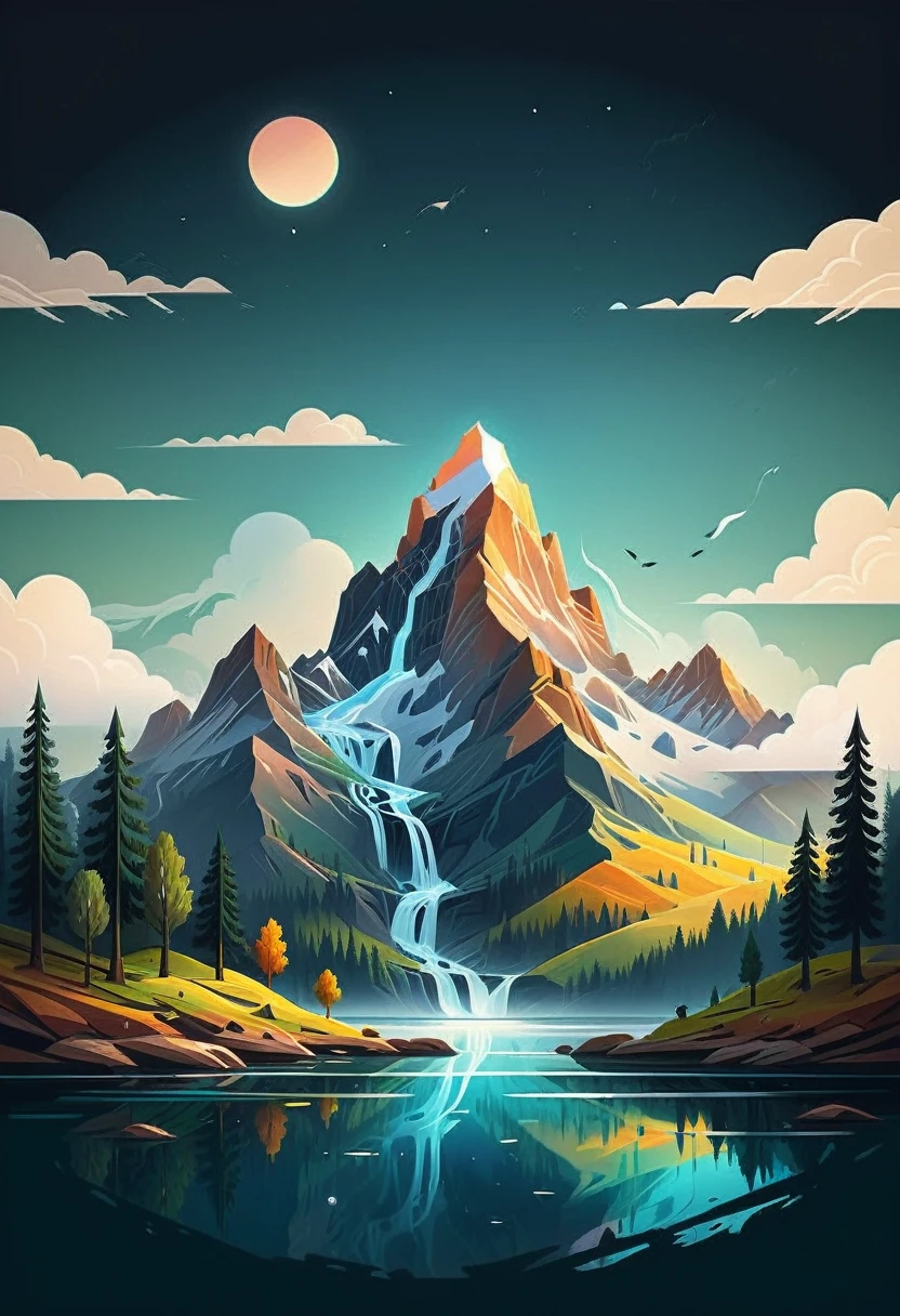 impressive painting of a mountain with trees and water, a detailed painting by Petros Afshar, shutterstock contest winner, environmental art, detailed painting, outlined art, 2d game art, isolated background for logo, strong contours, logo design
