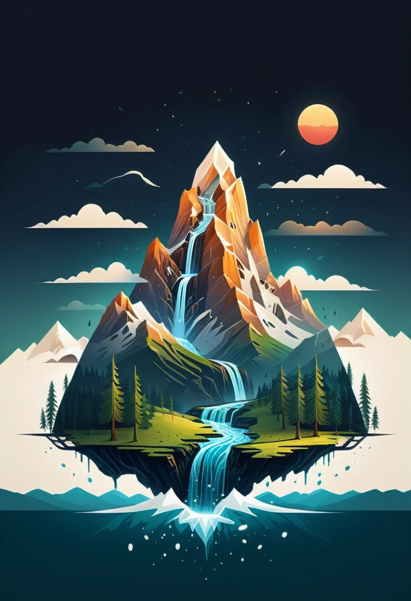impressive painting of a mountain with trees and water, a detailed painting by Petros Afshar, shutterstock contest winner, environmental art, detailed painting, outlined art, 2d game art, isolated background for logo, strong contours, logo design