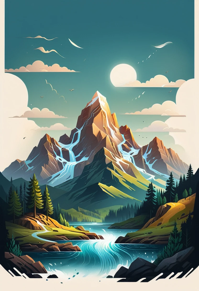 impressive painting of a mountain with trees and water, a detailed painting by Petros Afshar, shutterstock contest winner, environmental art, detailed painting, outlined art, 2d game art, isolated background for logo, strong contours, logo design