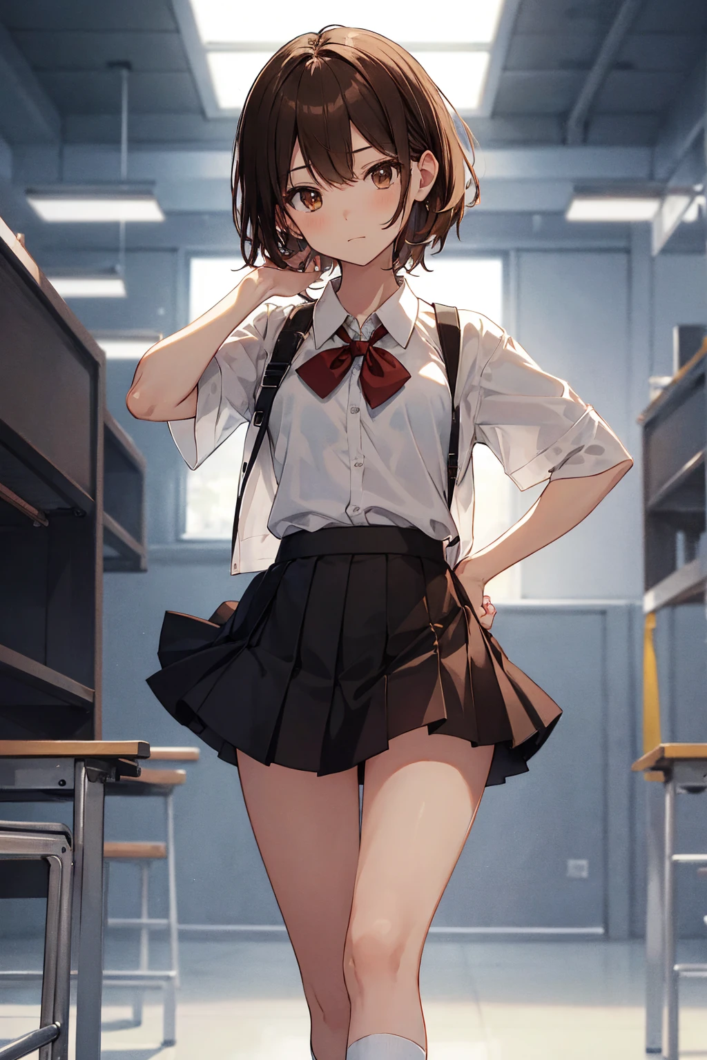 Highest quality, superior_Mikoto, Brown eyes, short_hair, small_chest, Looking at the audience, solo, Closed_mouth, first round_shirt, School_uniform, shirt, Whitened_shirt, , classroom whole body mini skirt Cool look Sexy pose