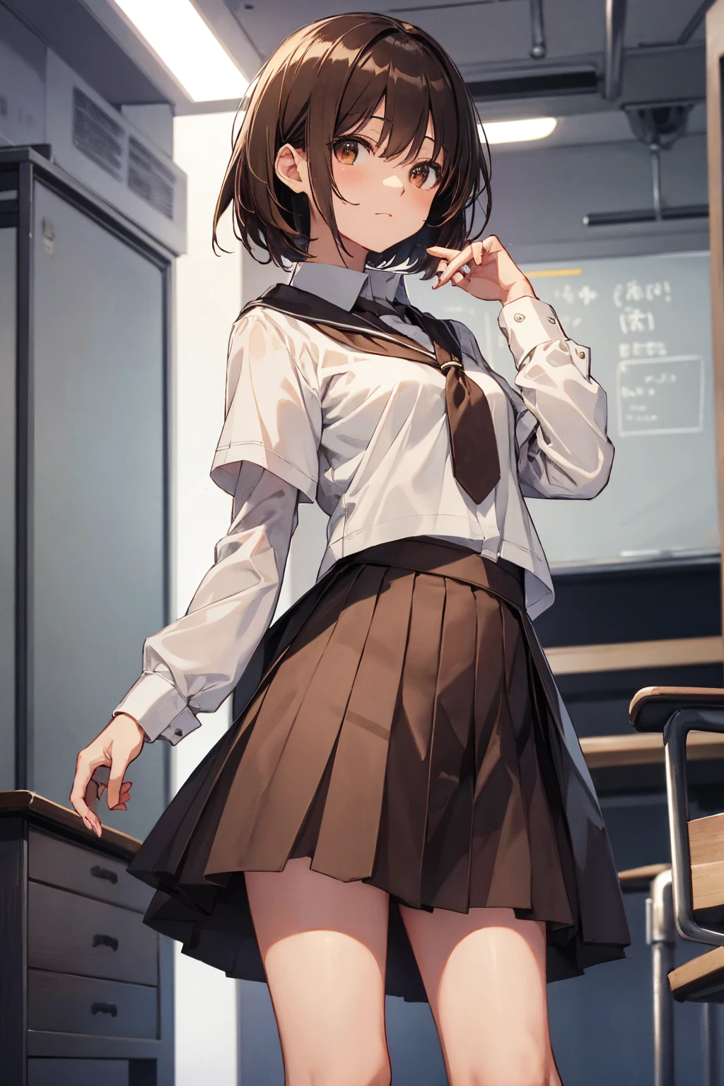 Highest quality, superior_Mikoto, Brown eyes, short_hair, small_chest, Looking at the audience, solo, Closed_mouth, first round_shirt, School_uniform, shirt, Whitened_shirt, , classroom whole body mini skirt Cool look Sexy pose