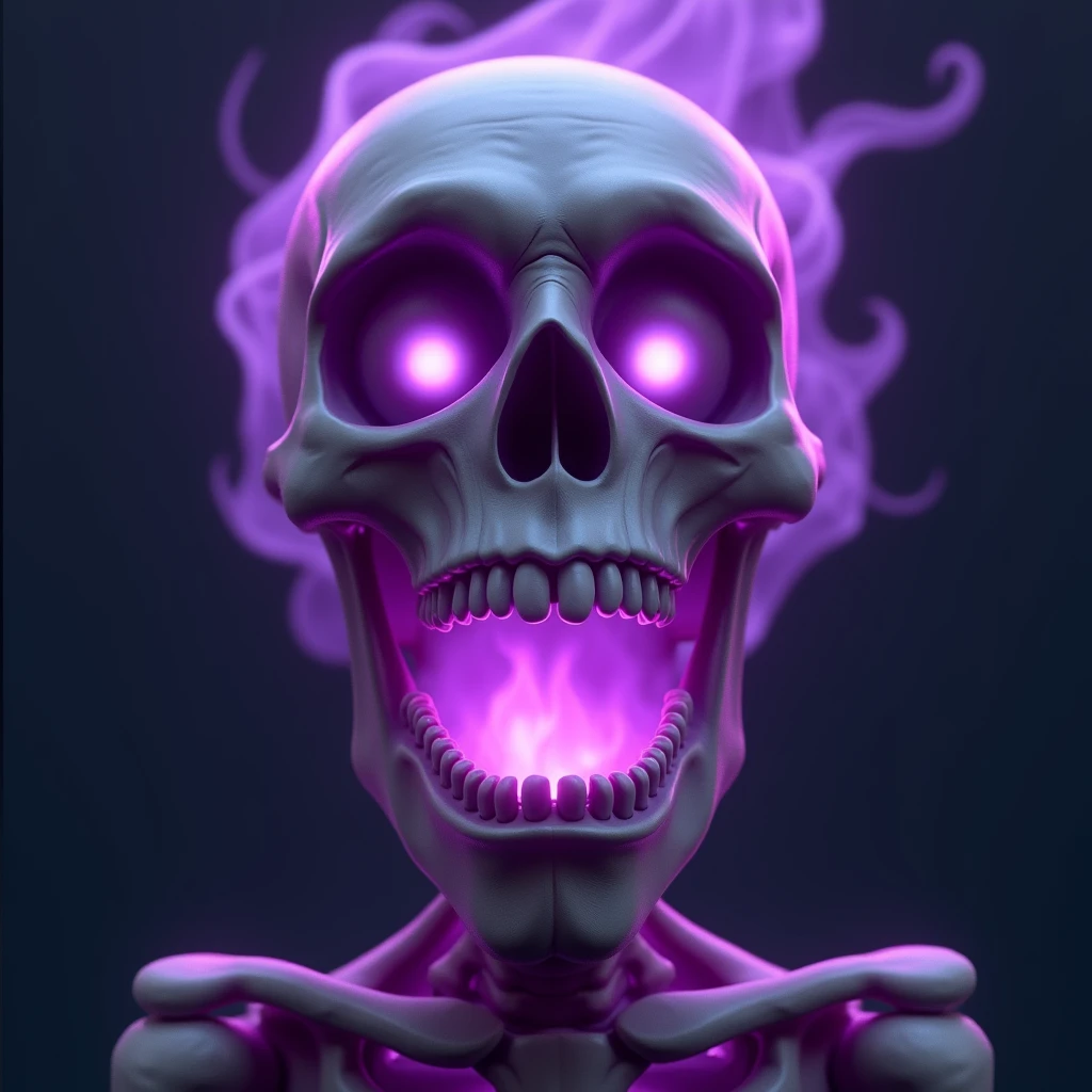 3DCG Close-up view of the mouth A skeleton laughing fearlessly Purple flames spewing from its closed mouth Facing forward