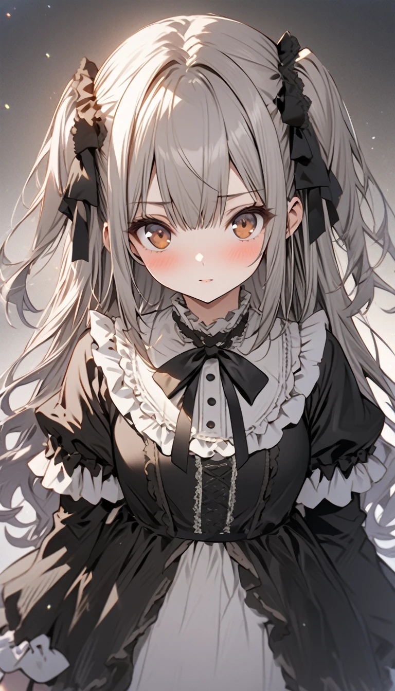 (Top image quality)、(ultra-detailliert)、(Facing the front)、top-quality、masterpiece、(((1girl in)))、Lori、girl with、((greyt hair))、(flaxen hair)、Brown eyes、(Two-side-up)、ta、frilld、a black ribbon
