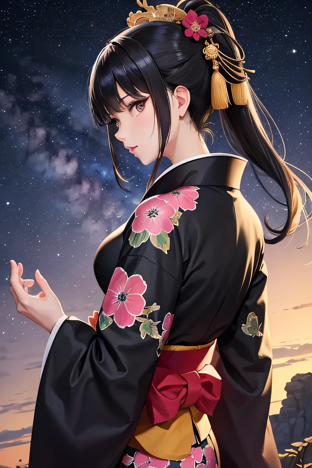 High-end kimono beautiful girl ponytail Black Hair Milky Way Galaxy
