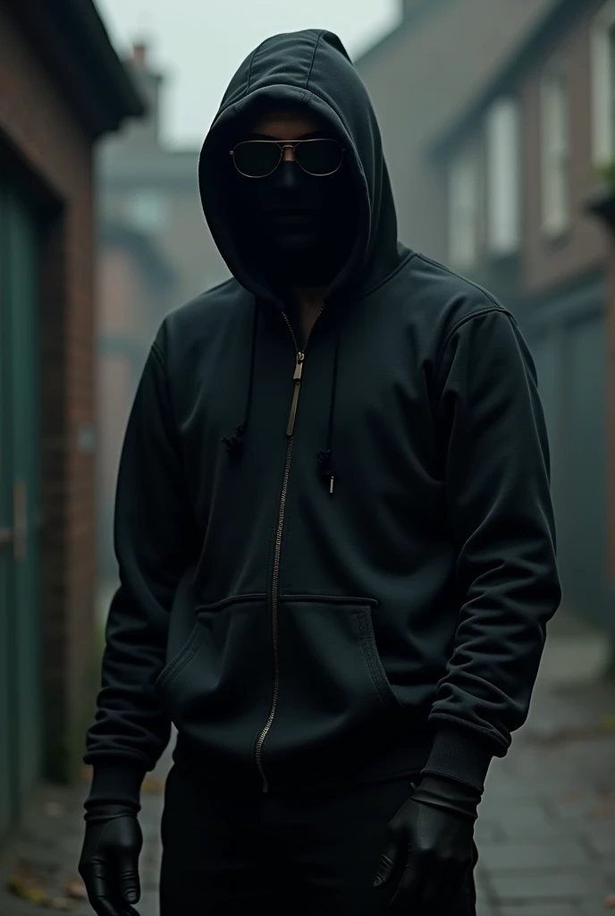 A man wearing a black hoodie and a balaclava with sunglasses standing and a glove in England
