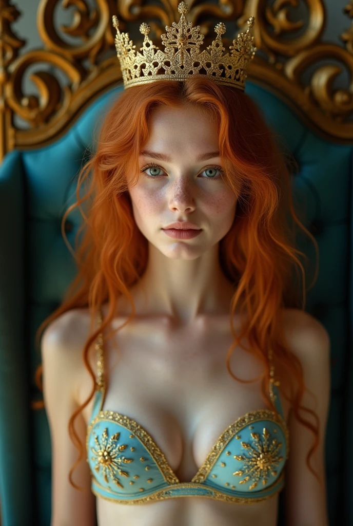 Nikon z 85mm, RAW, analog style, extremely detailed masterpiece photograph, hyper-detailed, front lit, 18th century one 18 year old Russian Scandinavian Princess, goddess, Beautiful cute young face, freckels, detailed bright green eyes, highly detailed face, long messy ginger hair, (slim skinny anorexic body:1.8), (slim skinny waist:1.8), (Wide hips:1.7), Tight gap between legs, Throne Room, (gold and light blue revealing lingerie), (Gold and Light blue crop Top in royal design), Golden royal crown on here head, ((high detailed skin, skin details)), sharp focus, volumetric fog, 8k uhd, dslr, high quality, film grain, Glamour photography