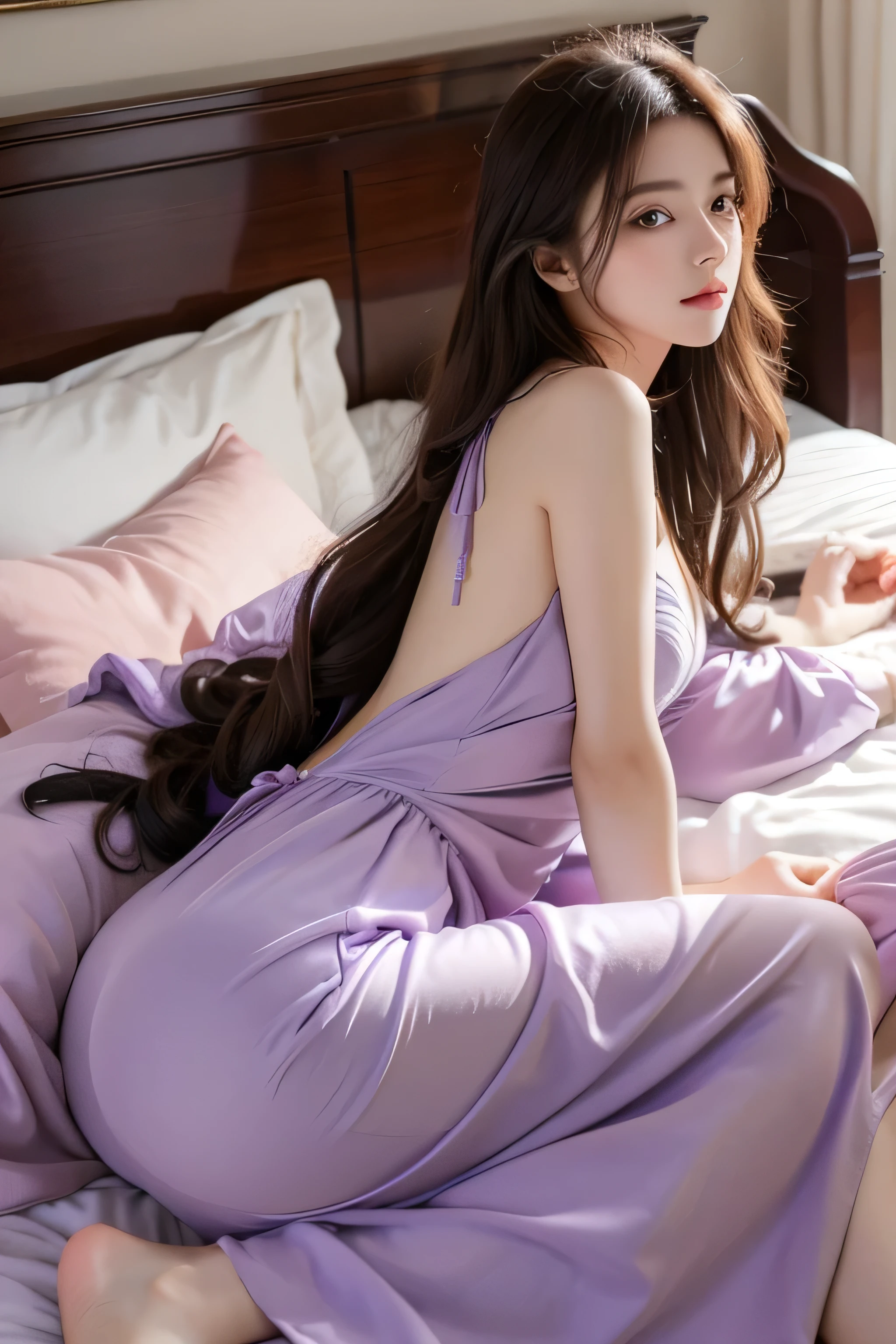 masterpiece, high resolution, best quality, Very detailed, pink eyes, beautiful woman, purple dress, bed ,beach,long hair, girl back side,she is sleeping in the bed