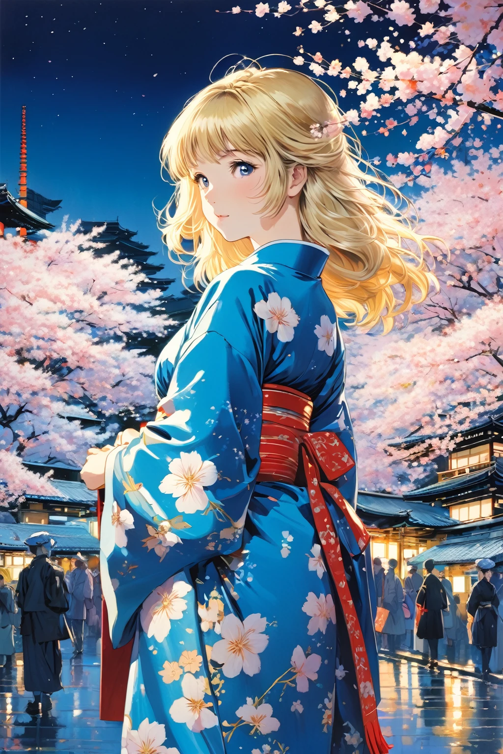1girl blonde hair blue kimono, 
1980s japan night city at Ueno Park ,blossom trees,
(art by  Noriyoshi Ohrai	)