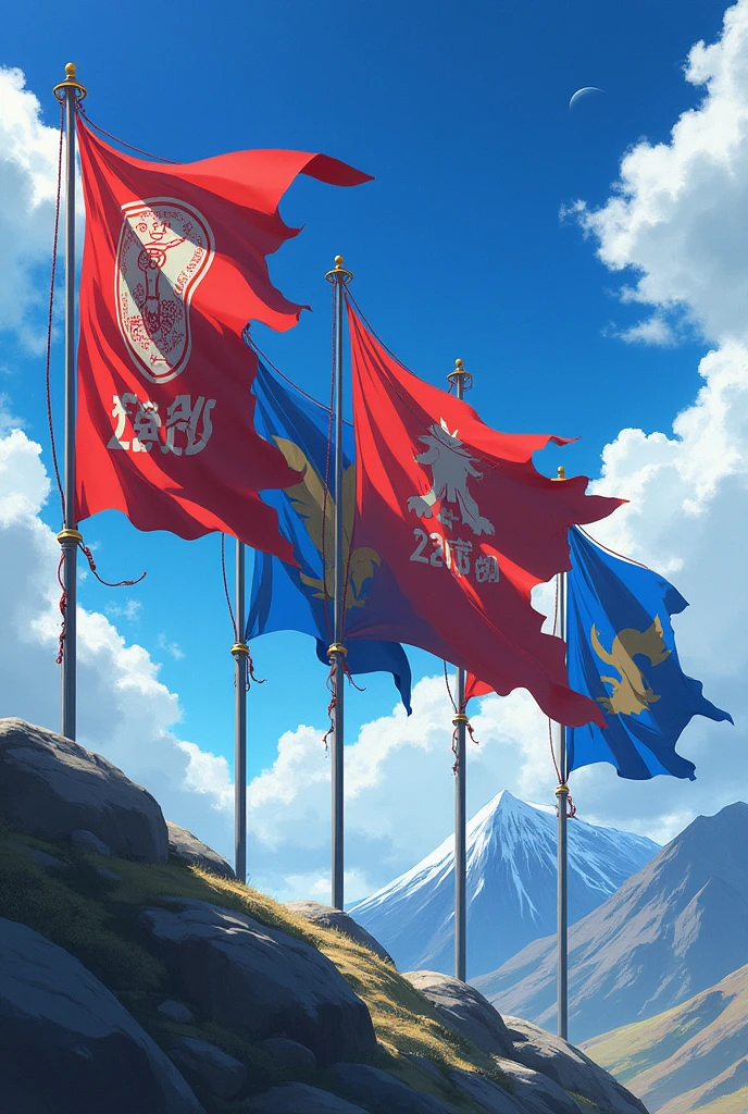 5 banner flags raising anime front