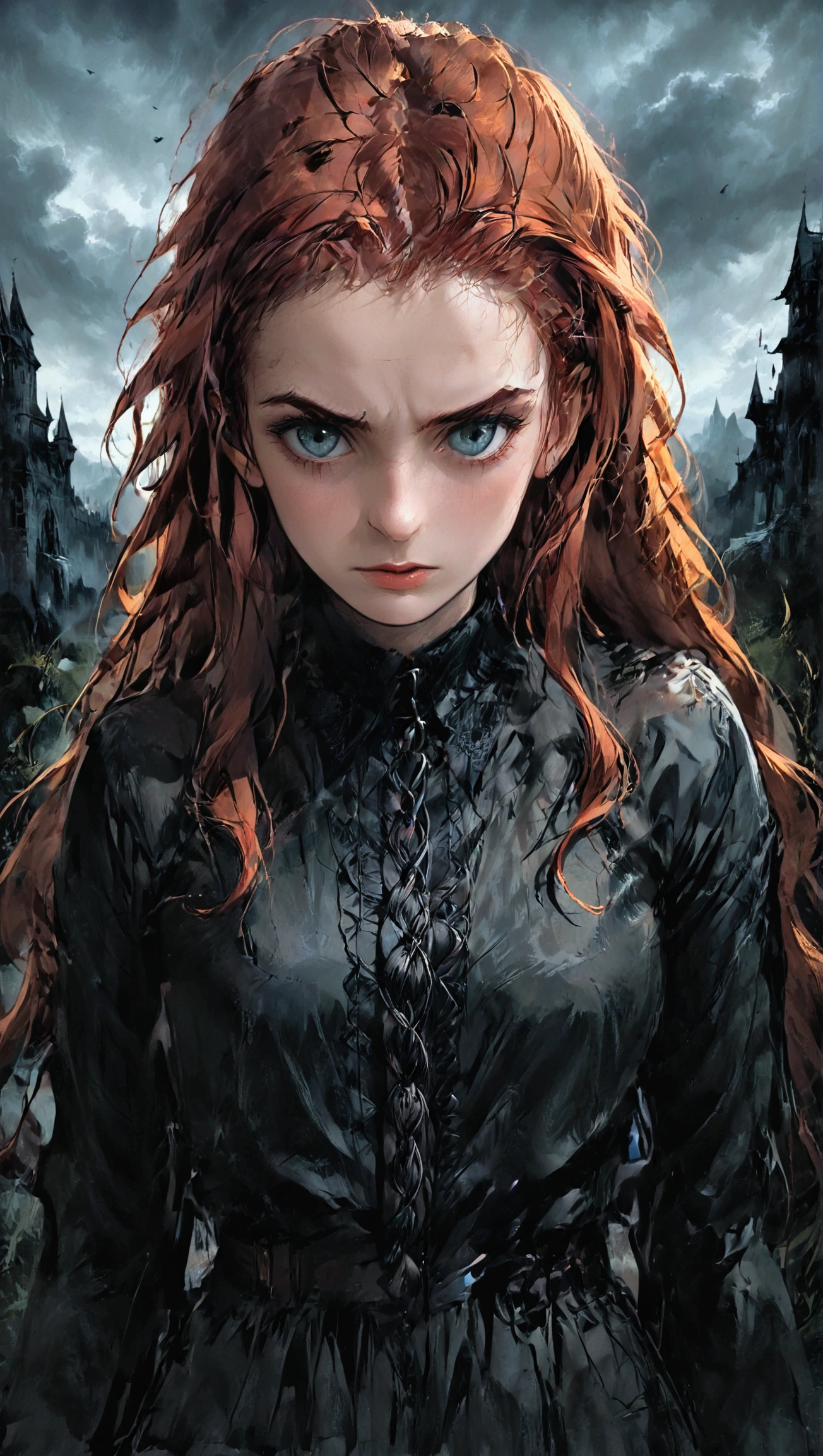 a beautiful redheaded woman in her 20s, wild hair, braids, dark fantasy, gloomy, highly detailed face, detailed eyes, detailed lips, long eyelashes, photorealistic, 8k, hyperdetailed, dramatic lighting, moody atmosphere, fantasy art, dark colors, dramatic mood