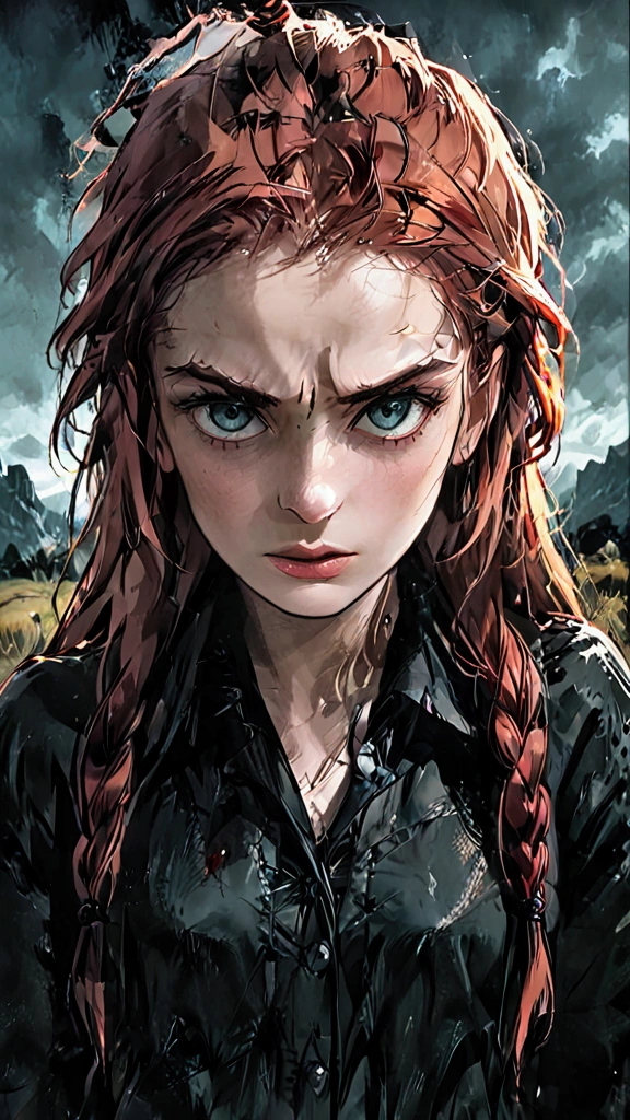 a beautiful redheaded woman in her 20s, wild hair, braids, dark fantasy, gloomy, highly detailed face, detailed eyes, detailed lips, long eyelashes, photorealistic, 8k, hyperdetailed, dramatic lighting, moody atmosphere, fantasy art, dark colors, dramatic mood