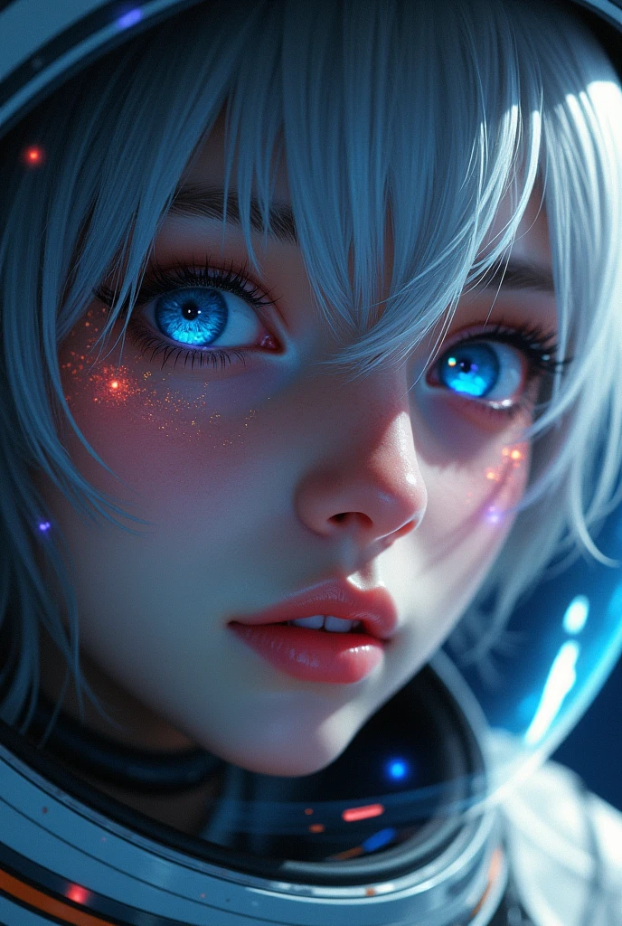 (Close-up of a better masterpiece:1.5)0.9], (Space and astronauts:1.2) (Messy silver hair:1.1) (Heterochromia xanthochromia and blue eyes:1.2) (Space Helmet:1.0) (Colored stars in the eyes:1.0) (A radiant glow:1.1) (thick lips:0.9)