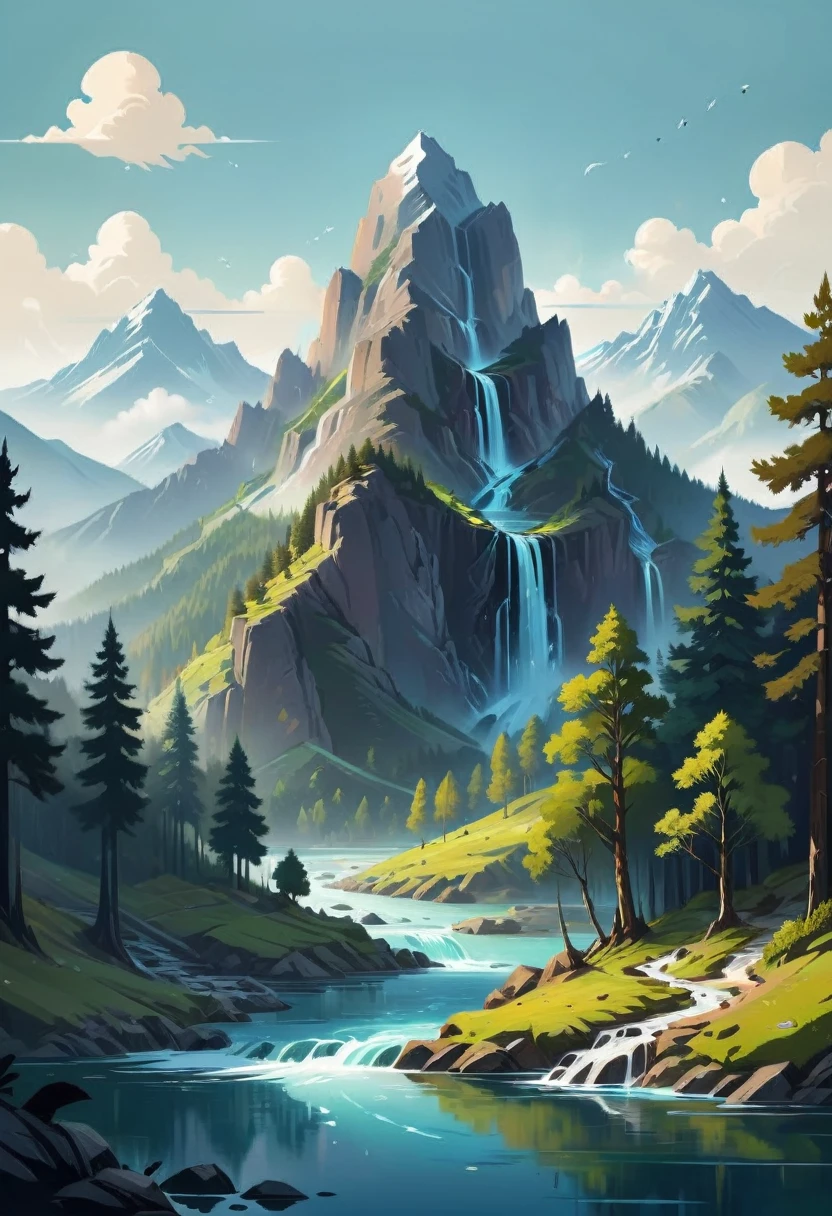 impressive painting of a mountain with trees and water, a detailed painting by Petros Afshar, shutterstock contest winner, environmental art, detailed painting, outlined art, 2d game art, isolated background for logo, strong contours, logo design