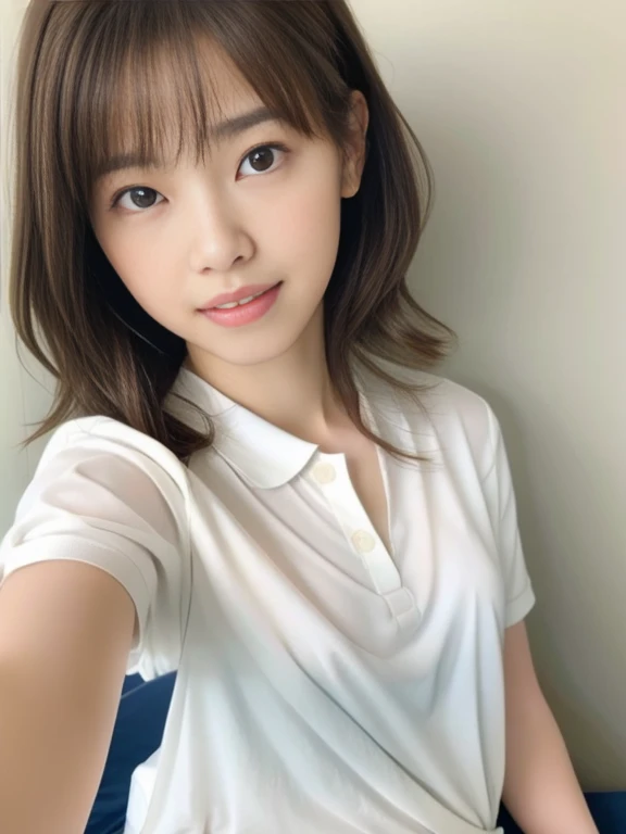 (Masterpiece, Best quality, 8K:1.3), (Ultra realistic, Photo-realistic:1.2), (From above:1.3), From side, (Crawling position:1.1), (Seductive pose:1.1), Natural light, 28 years old actress, Japanese women, Neat and clean, (Wearing white tennis uniform, White short-sleeve polo shirt:1.3), (unbutton:1.3), (White tennis mini skirt:1.3), White sock, (Beautiful thighs:1.1), (ponytail:1.1), (Short wavy hair:1.2), Light brown hair color, (Beautiful Face), Oval face, clear, Beautiful eyes, Kind eyes, Bedroom eyes, (Clear skin), Natural makeup, Small face, Small mouth, Beautiful mouth, Approachable, Hotel Suite room, On bed, Seductive smile, Shy,