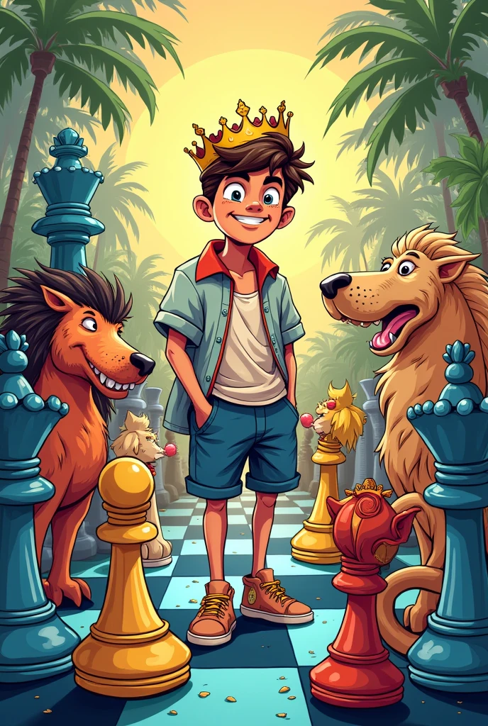 Chess pieces drawn. a comic. The character is young and handsome. Smile Joy Summer King