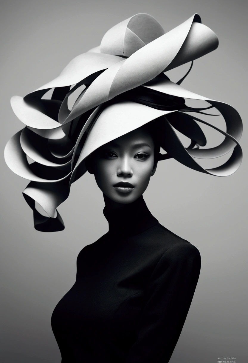award-winning fine-art black & white photography portrait, super high resolution, 16k, cineastic lighting, chiaroscuro::2.5 futuristic Haute couture mixed with ethno influences glamour shot::2 xiaozhen style, a young smiling Mexican in black and white, a smiling black female wearing a hat, organic fibonacchi interference patterns, in the style of monochrome abstraction, sculptural lines, olivier valsecchi, natalie shau, irregular curvilinear forms, carolina herrera, matte photo, contest winner, in the style of sculptural and bold::2 surreal psychedelic chic, dramatic vistas, sovietwave, incredible body composition, awe-inspiring::2 time-less beauty Wabi-Sabi::1.25 Camera: Sony a1, Lens: Zeiss Batis 85mm, Aperture: f1.8, ISO 1600