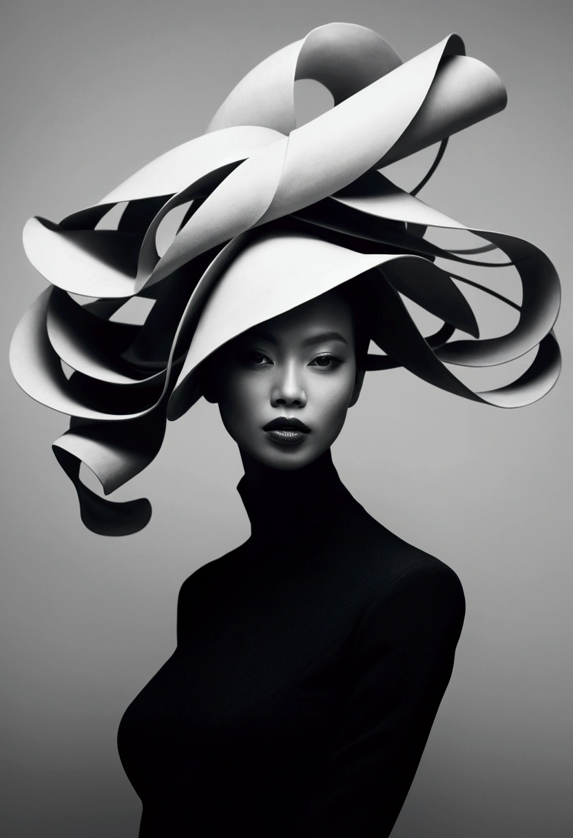 award-winning fine-art black & white photography portrait, super high resolution, 16k, cineastic lighting, chiaroscuro::2.5 futuristic Haute couture mixed with ethno influences glamour shot::2 xiaozhen style, a young smiling Mexican in black and white, a smiling black female wearing a hat, organic fibonacchi interference patterns, in the style of monochrome abstraction, sculptural lines, olivier valsecchi, natalie shau, irregular curvilinear forms, carolina herrera, matte photo, contest winner, in the style of sculptural and bold::2 surreal psychedelic chic, dramatic vistas, sovietwave, incredible body composition, awe-inspiring::2 time-less beauty Wabi-Sabi::1.25 Camera: Sony a1, Lens: Zeiss Batis 85mm, Aperture: f1.8, ISO 1600