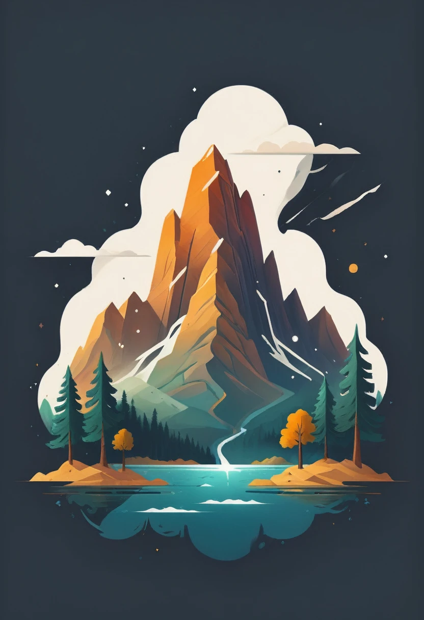 impressive painting of a mountain with trees and water, a detailed painting by Petros Afshar, shutterstock contest winner, environmental art, detailed painting, outlined art, 2d game art, isolated background for logo, strong contours, logo design
