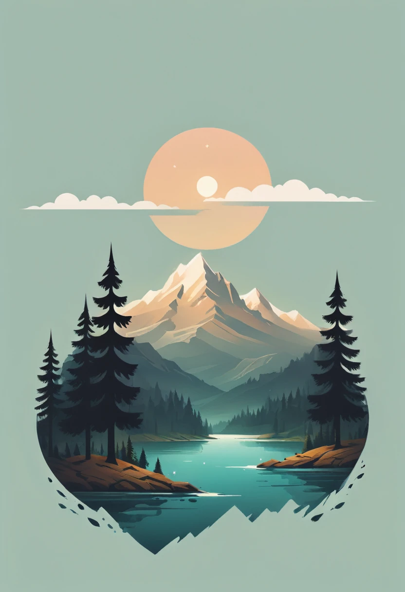 impressive painting of a mountain with trees and water, a detailed painting by Petros Afshar, shutterstock contest winner, environmental art, detailed painting, outlined art, 2d game art, isolated background for logo, strong contours, logo design