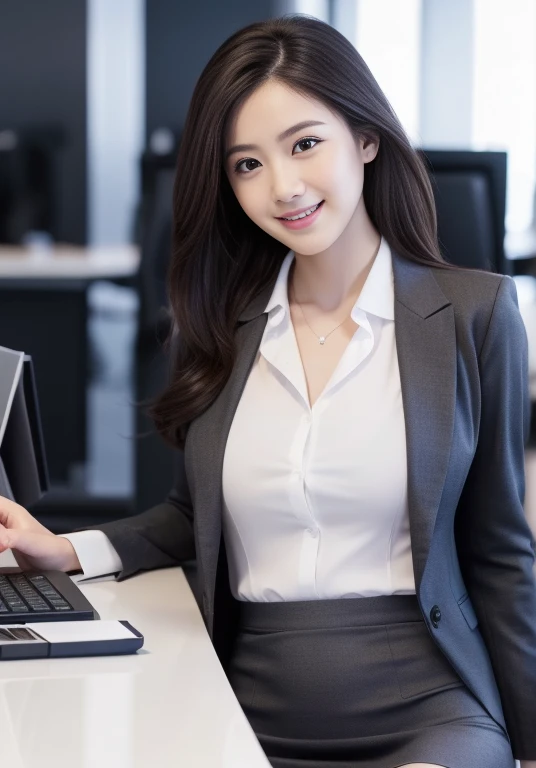 (Highly detailed CG Unity 8K wallpapers, Highest quality, Very detailed, Looking at the camera:1.2, The light shines on your face:1.5, Gray background, Professional Lighting), Upper Body, 20-year-old Japanese female paralegal. Hair length is medium, dark, Back to practical style; Oval face and well-defined eyebrows, Intelligent almond-shaped eyes, Straight nose, and a gentle tone. Outfit includes a tailored blazer, Crisp white shirt, discreet pendant necklace, It symbolizes her efficient and focused personality., front, Mid Shot, smile, mini skirt, pantyhose, High heels, Perfect beauty, office worker, ((Perfect beauty)), Slim legs、