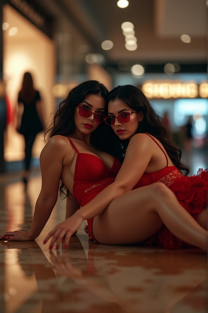 two beautiful women with glasses with big breasts wearing red lingerie sleep in the floor of mall