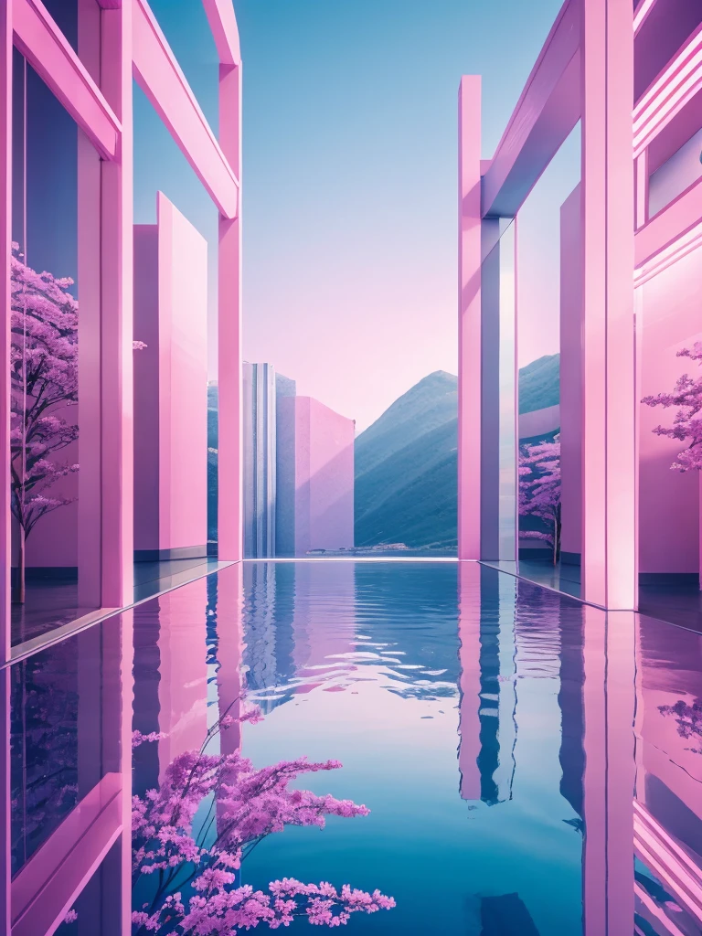 a pink vertical line at the center of the frame,pink anime background, smooth, scenery,serene