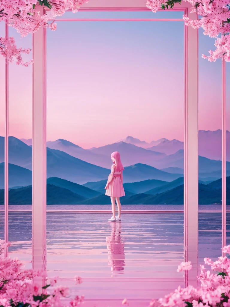a pink vertical line at the center of the frame,pink anime background, smooth, scenery,serene