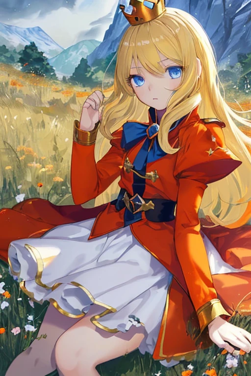 Guardian Tales Game Characters,Girl1,Little Princess,blonde hair,hair between the eyes,blue eyes,The eyes are detailed.,Red coat 1:1,Top with skirt,Two-layer skirt,(Orange Shirt),White lower skirt,crown,Sleeping position,Vast meadows,Outstanding Achievements,sharp,Highly detailed,