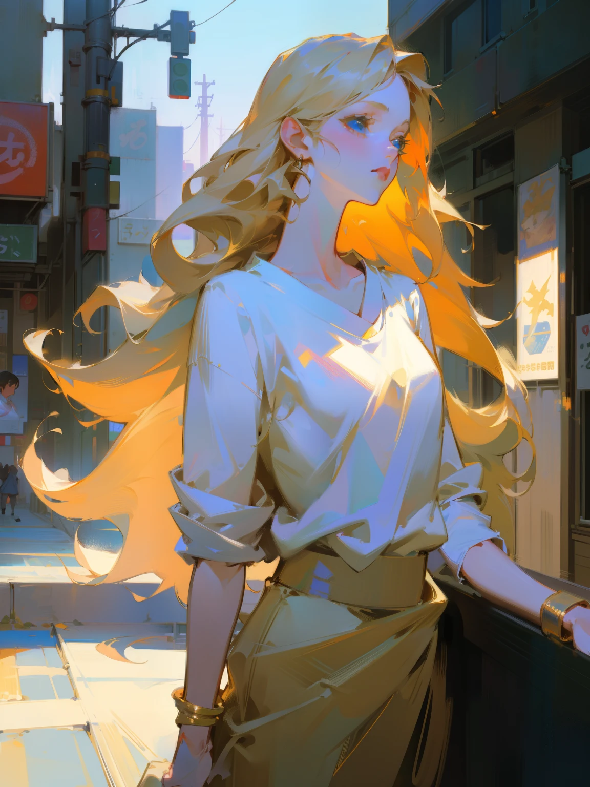 Masterpiece, Best Quality, 8K, Photographic Reality, Realistic, Octane Rendering, Bustling Urban Streets of Japan (1 Woman: 1.4), (Only One Woman on the Screen: 1.3), (White Shirt), (Long Golden Hair), (Hip Wrapped Skirt), (Blue Eyes) Upper Body Display