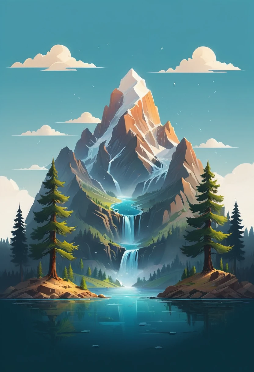 impressive painting of a mountain with trees and water, a detailed painting by Petros Afshar, shutterstock contest winner, environmental art, detailed painting, outlined art, 2d game art, isolated background for logo, strong contours, logo design