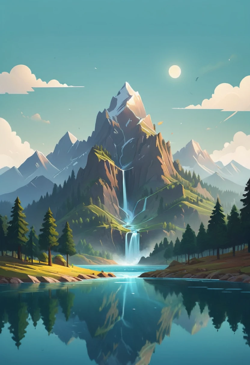 impressive painting of a mountain with trees and water, a detailed painting by Petros Afshar, shutterstock contest winner, environmental art, detailed painting, outlined art, 2d game art, isolated background for logo, strong contours, logo design