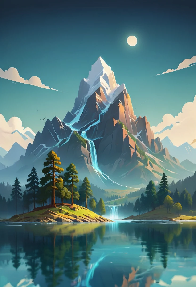 impressive painting of a mountain with trees and water, a detailed painting by Petros Afshar, shutterstock contest winner, environmental art, detailed painting, outlined art, 2d game art, isolated background for logo, strong contours, logo design
